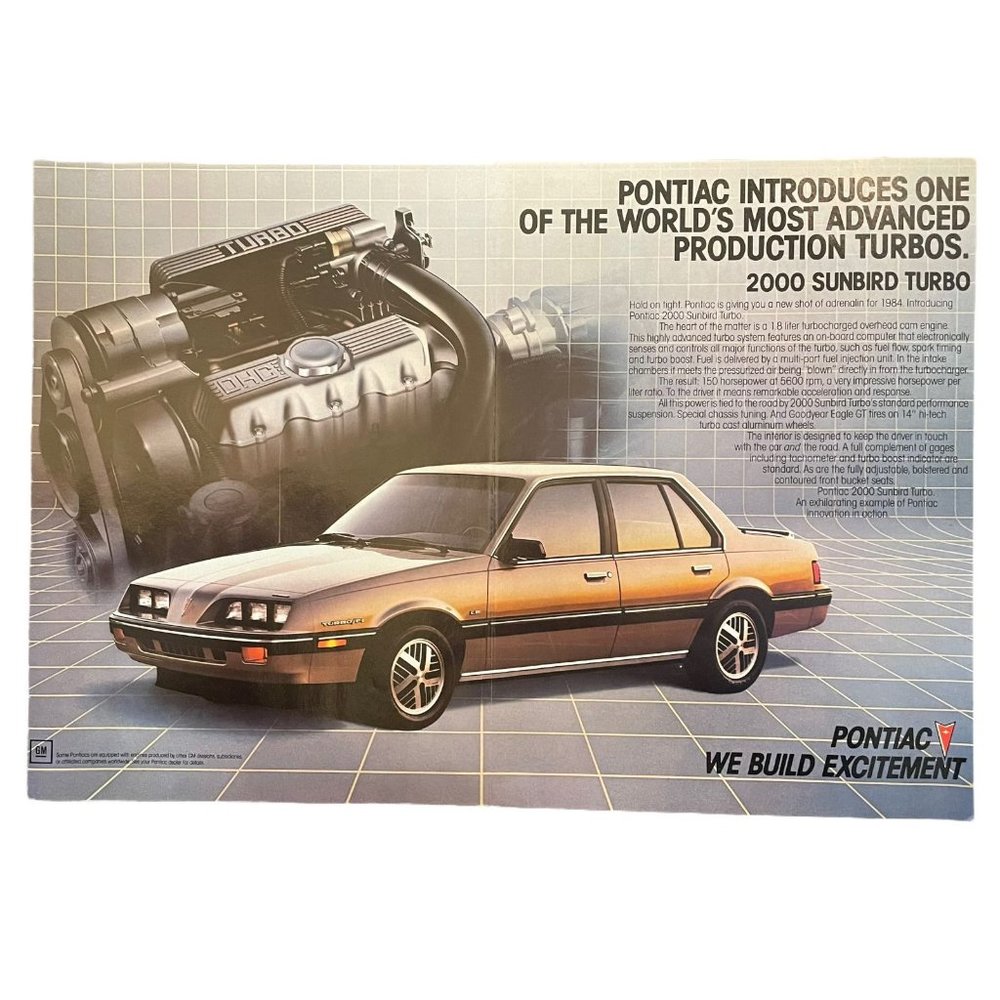 1984 Pontiac 2000 Sunbird Turbo Sedan Vintage Print Ad Poster 16x10 Wall Art